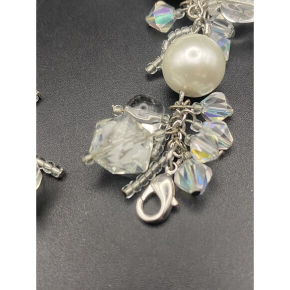 Faux White Pearl Bracelet AB Crystal Silver Tone Bridal Prom Pageant Fits  6.5" - Picture 7 of 8